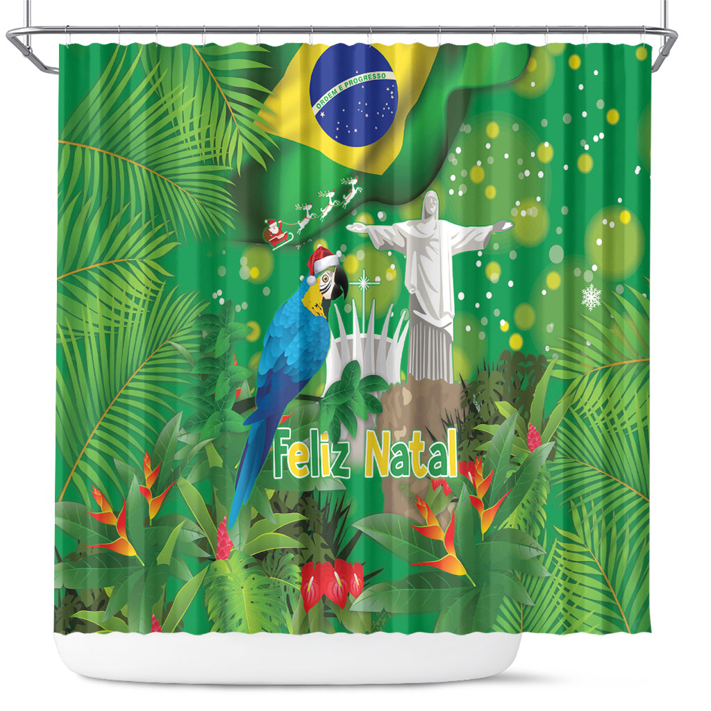 Christmas In July Brazil Shower Curtain Feliz Natal Blue Macaw Santa Tropical Vibes