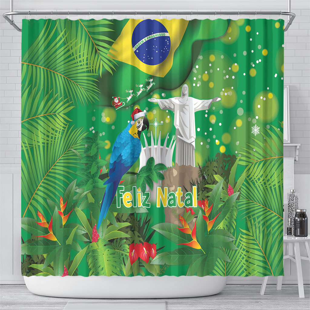 Christmas In July Brazil Shower Curtain Feliz Natal Blue Macaw Santa Tropical Vibes