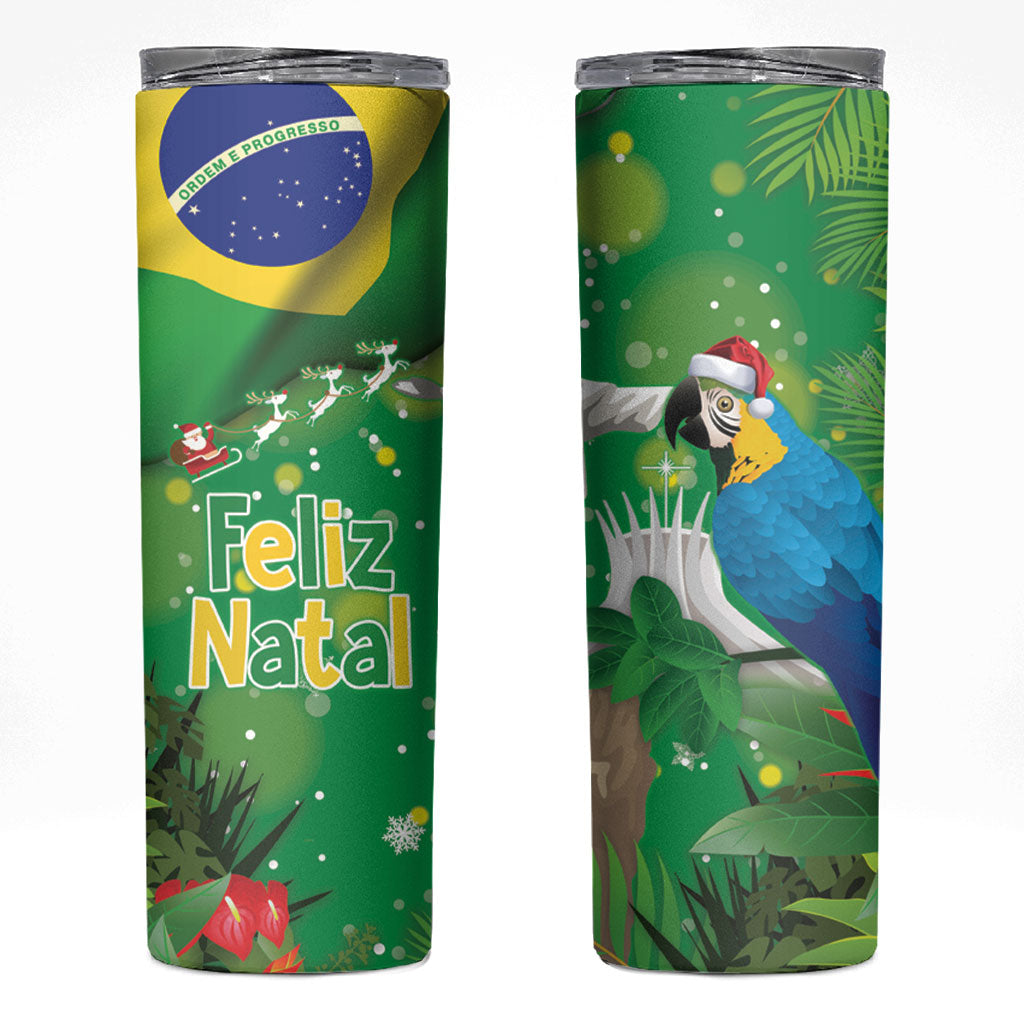 Christmas In July Brazil Skinny Tumbler Feliz Natal Blue Macaw Santa Tropical Vibes