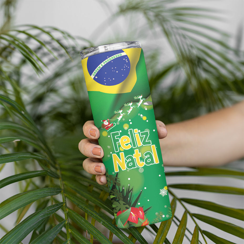 Christmas In July Brazil Skinny Tumbler Feliz Natal Blue Macaw Santa Tropical Vibes