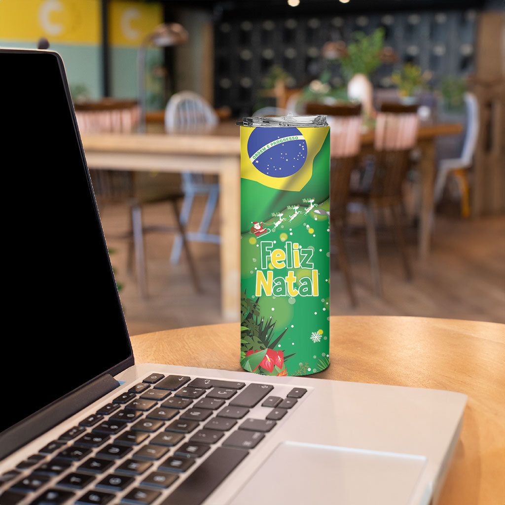 Christmas In July Brazil Skinny Tumbler Feliz Natal Blue Macaw Santa Tropical Vibes