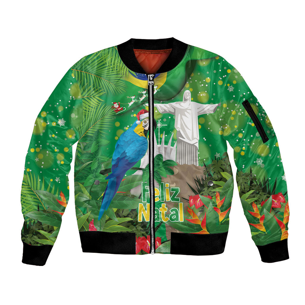 Christmas In July Brazil Sleeve Zip Bomber Jacket Feliz Natal Blue Macaw Santa Tropical Vibes