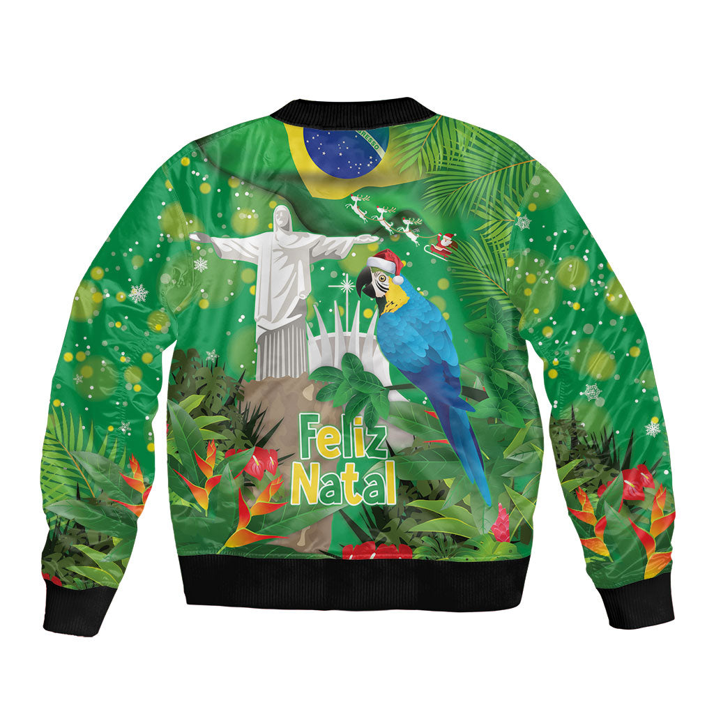 Christmas In July Brazil Sleeve Zip Bomber Jacket Feliz Natal Blue Macaw Santa Tropical Vibes