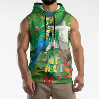 Christmas In July Brazil Sleeveless Hoodie Feliz Natal Blue Macaw Santa Tropical Vibes