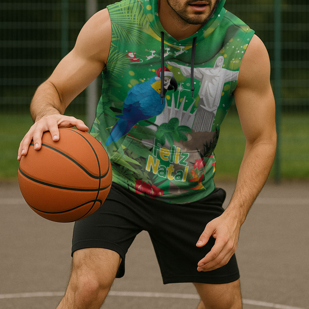Christmas In July Brazil Sleeveless Hoodie Feliz Natal Blue Macaw Santa Tropical Vibes