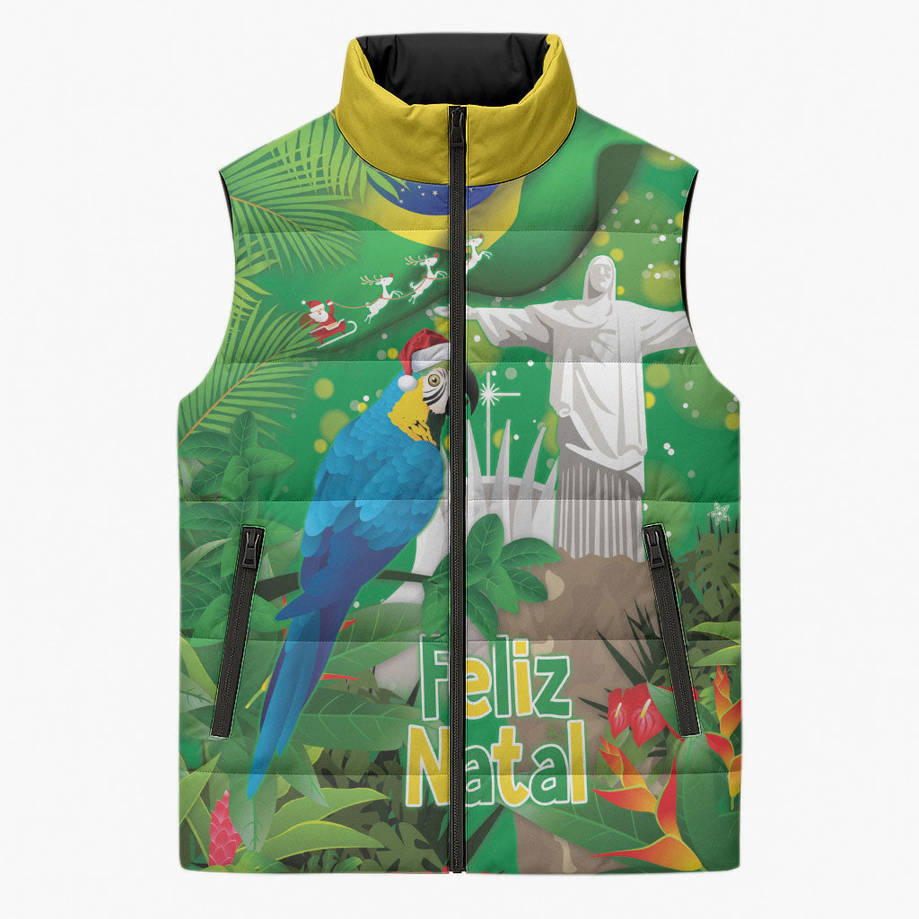 Christmas In July Brazil Sleeveless Puffer Jacket Feliz Natal Blue Macaw Santa Tropical Vibes