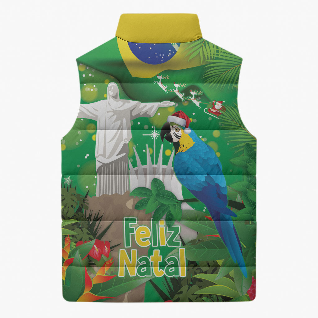 Christmas In July Brazil Sleeveless Puffer Jacket Feliz Natal Blue Macaw Santa Tropical Vibes