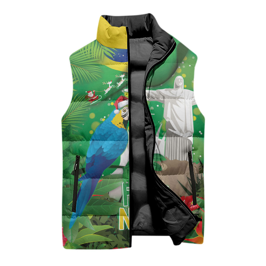 Christmas In July Brazil Sleeveless Puffer Jacket Feliz Natal Blue Macaw Santa Tropical Vibes