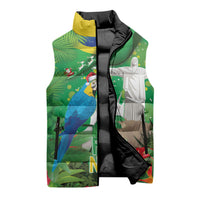 Christmas In July Brazil Sleeveless Puffer Jacket Feliz Natal Blue Macaw Santa Tropical Vibes