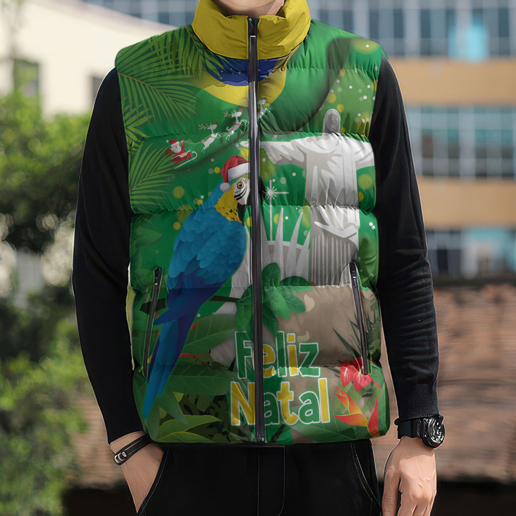 Christmas In July Brazil Sleeveless Puffer Jacket Feliz Natal Blue Macaw Santa Tropical Vibes