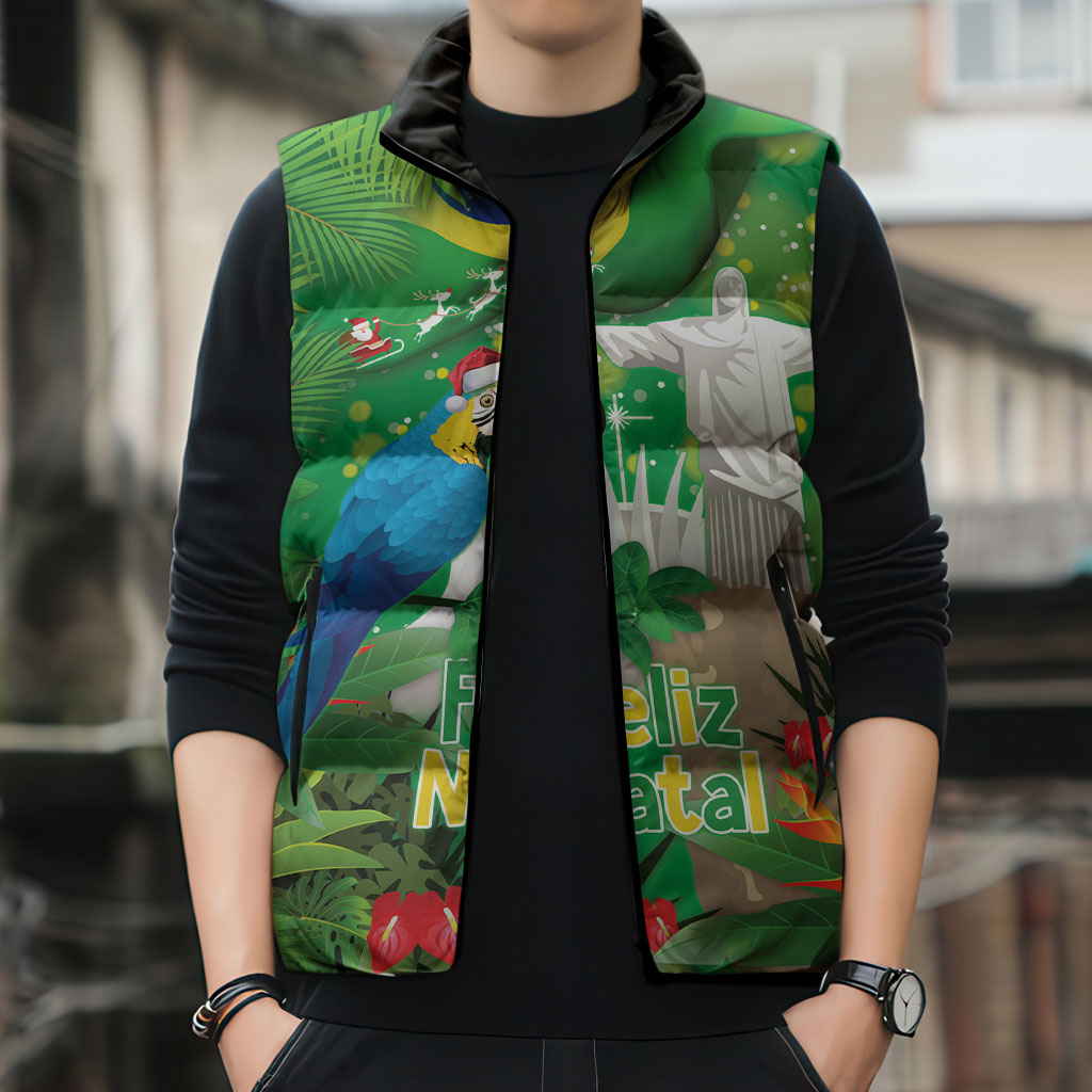 Christmas In July Brazil Sleeveless Puffer Jacket Feliz Natal Blue Macaw Santa Tropical Vibes