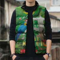 Christmas In July Brazil Sleeveless Puffer Jacket Feliz Natal Blue Macaw Santa Tropical Vibes