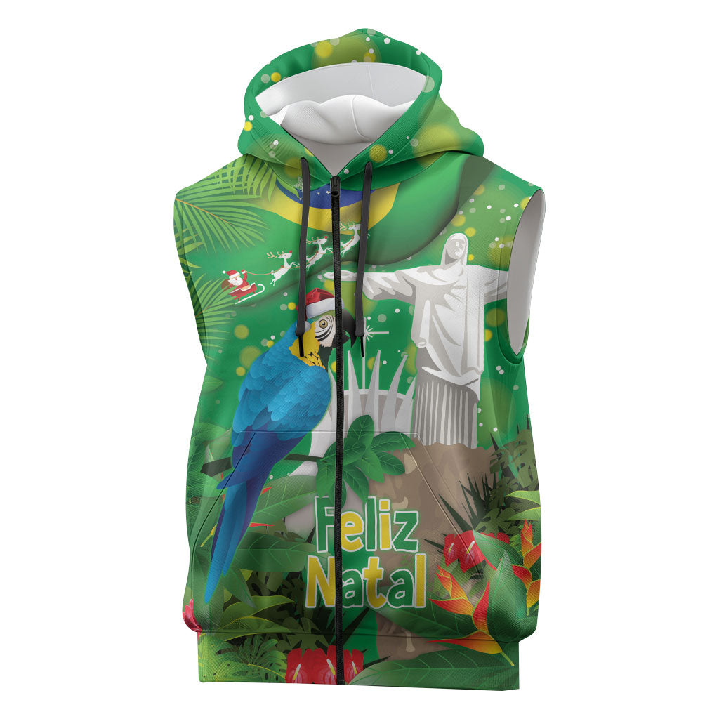 Christmas In July Brazil Sleeveless Zip Hoodie Feliz Natal Blue Macaw Santa Tropical Vibes