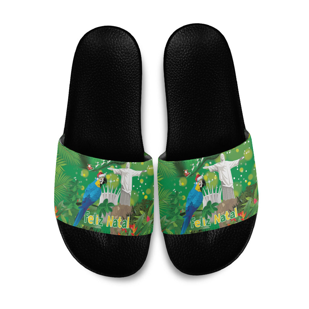 Christmas In July Brazil Slide Sandals Feliz Natal Blue Macaw Santa Tropical Vibes