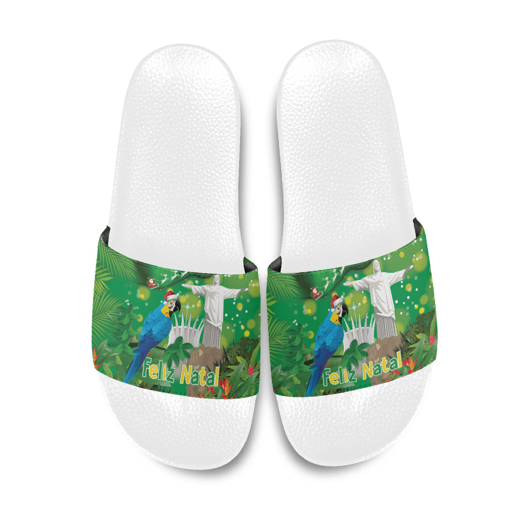 Christmas In July Brazil Slide Sandals Feliz Natal Blue Macaw Santa Tropical Vibes