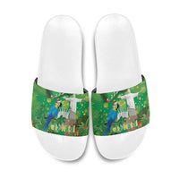Christmas In July Brazil Slide Sandals Feliz Natal Blue Macaw Santa Tropical Vibes