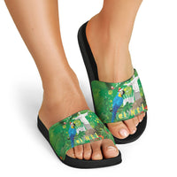 Christmas In July Brazil Slide Sandals Feliz Natal Blue Macaw Santa Tropical Vibes