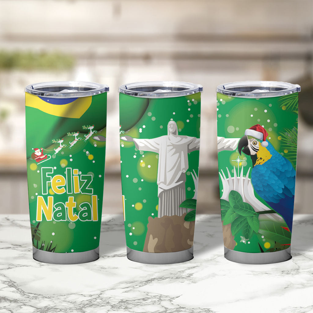 Christmas In July Brazil Tumbler Cup Feliz Natal Blue Macaw Santa Tropical Vibes