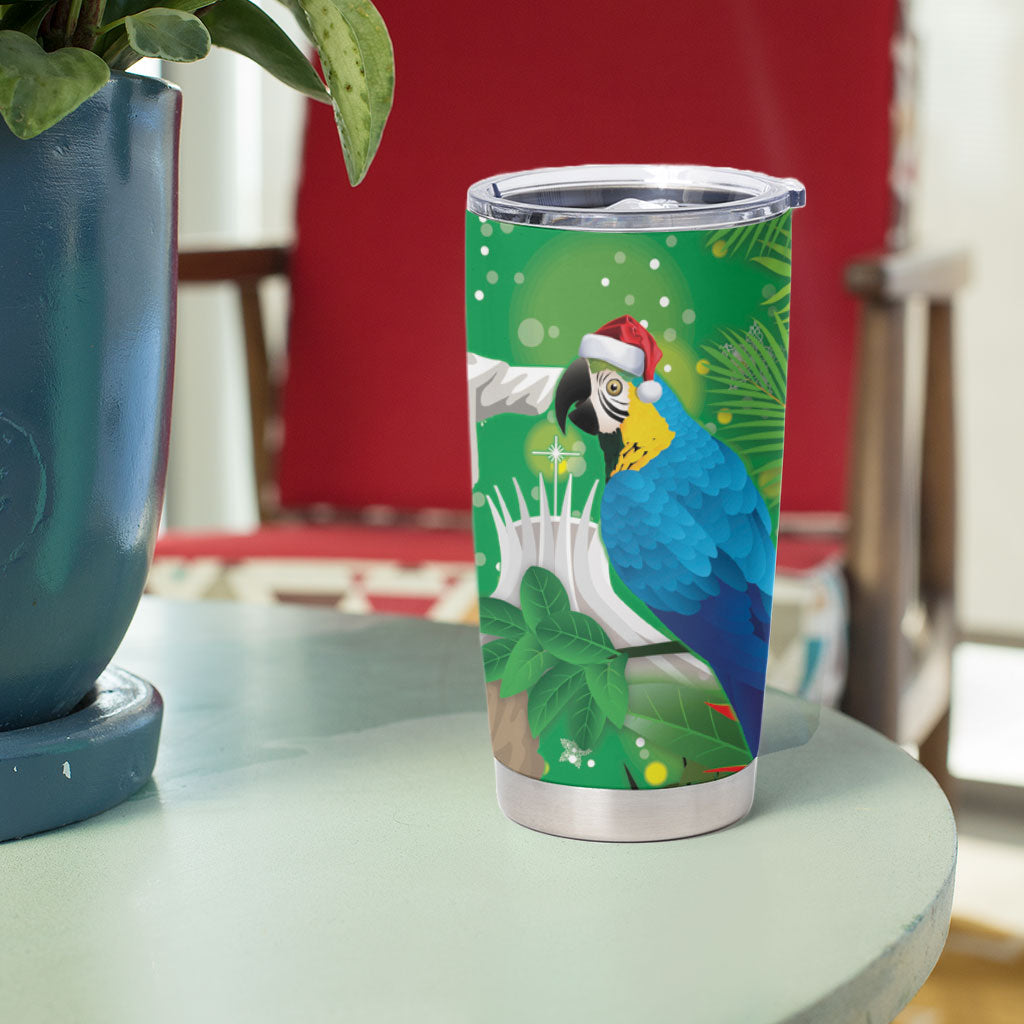 Christmas In July Brazil Tumbler Cup Feliz Natal Blue Macaw Santa Tropical Vibes
