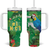 Christmas In July Brazil Tumbler With Handle Feliz Natal Blue Macaw Santa Tropical Vibes