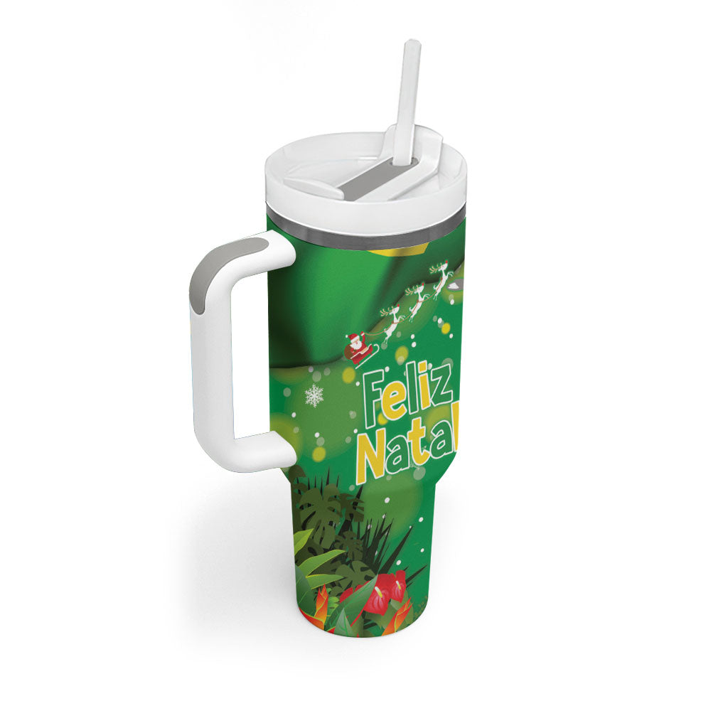 Christmas In July Brazil Tumbler With Handle Feliz Natal Blue Macaw Santa Tropical Vibes