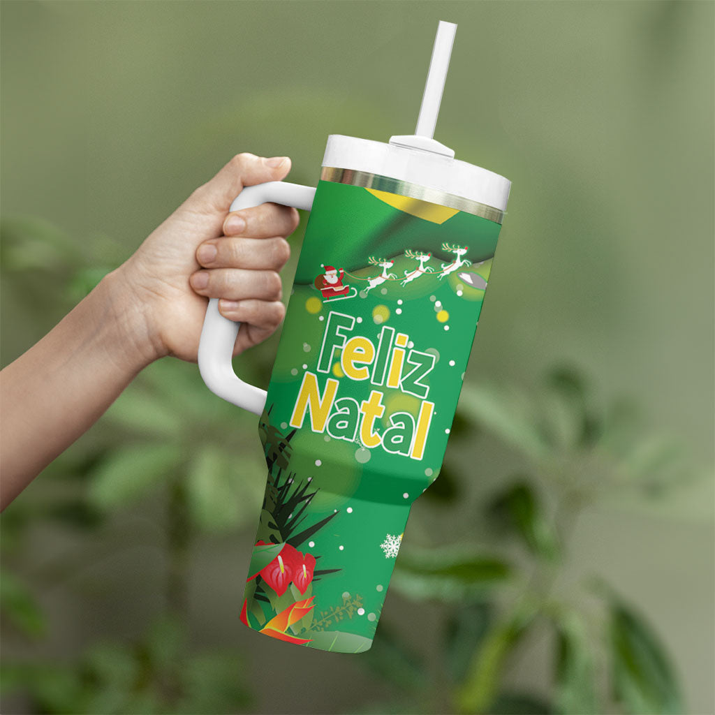 Christmas In July Brazil Tumbler With Handle Feliz Natal Blue Macaw Santa Tropical Vibes