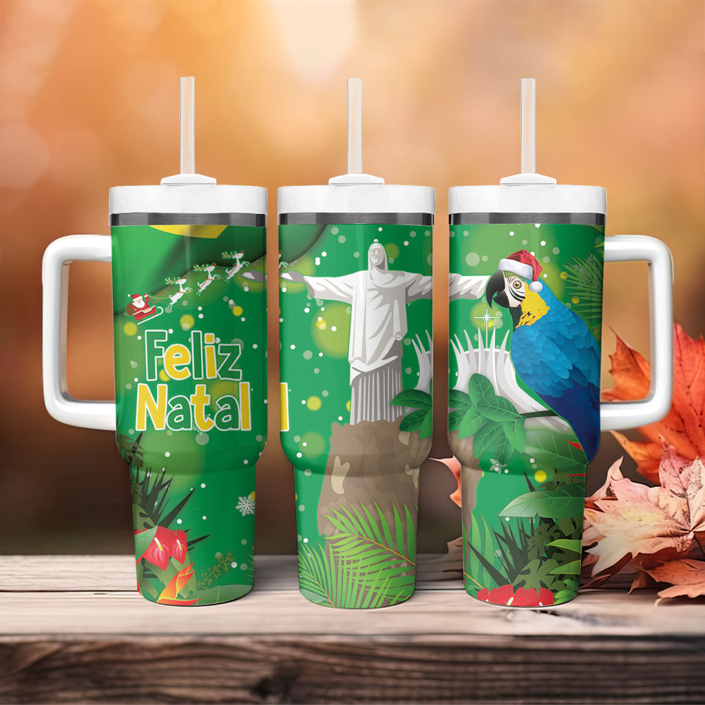 Christmas In July Brazil Tumbler With Handle Feliz Natal Blue Macaw Santa Tropical Vibes