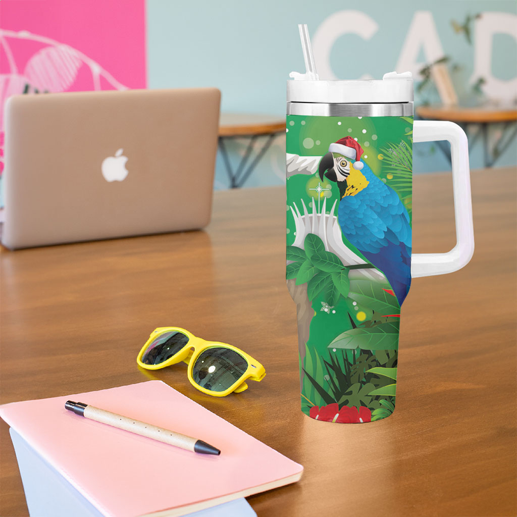 Christmas In July Brazil Tumbler With Handle Feliz Natal Blue Macaw Santa Tropical Vibes