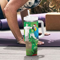 Christmas In July Brazil Tumbler With Handle Feliz Natal Blue Macaw Santa Tropical Vibes