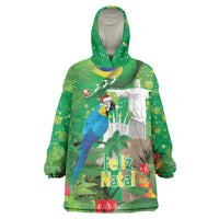 Christmas In July Brazil Wearable Blanket Hoodie Feliz Natal Blue Macaw Santa Tropical Vibes