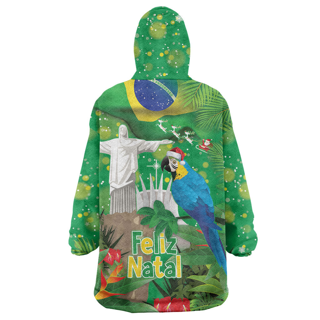 Christmas In July Brazil Wearable Blanket Hoodie Feliz Natal Blue Macaw Santa Tropical Vibes