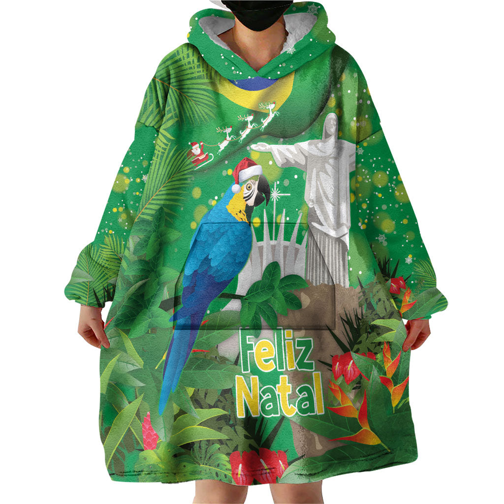 Christmas In July Brazil Wearable Blanket Hoodie Feliz Natal Blue Macaw Santa Tropical Vibes