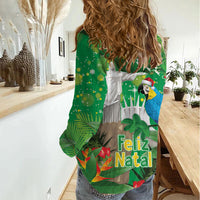 Christmas In July Brazil Women Casual Shirt Feliz Natal Blue Macaw Santa Tropical Vibes