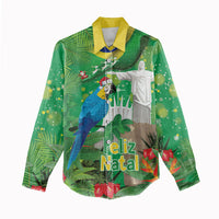 Christmas In July Brazil Women Casual Shirt Feliz Natal Blue Macaw Santa Tropical Vibes