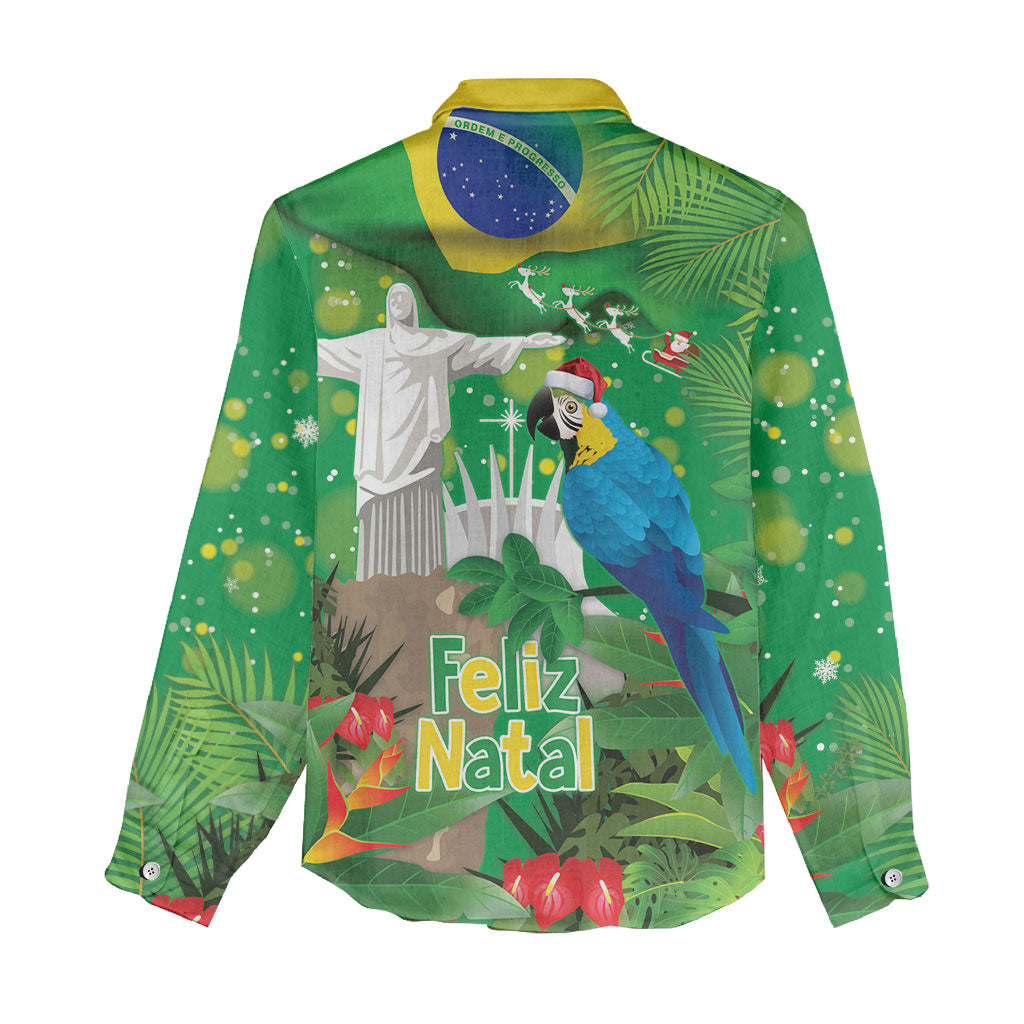 Christmas In July Brazil Women Casual Shirt Feliz Natal Blue Macaw Santa Tropical Vibes