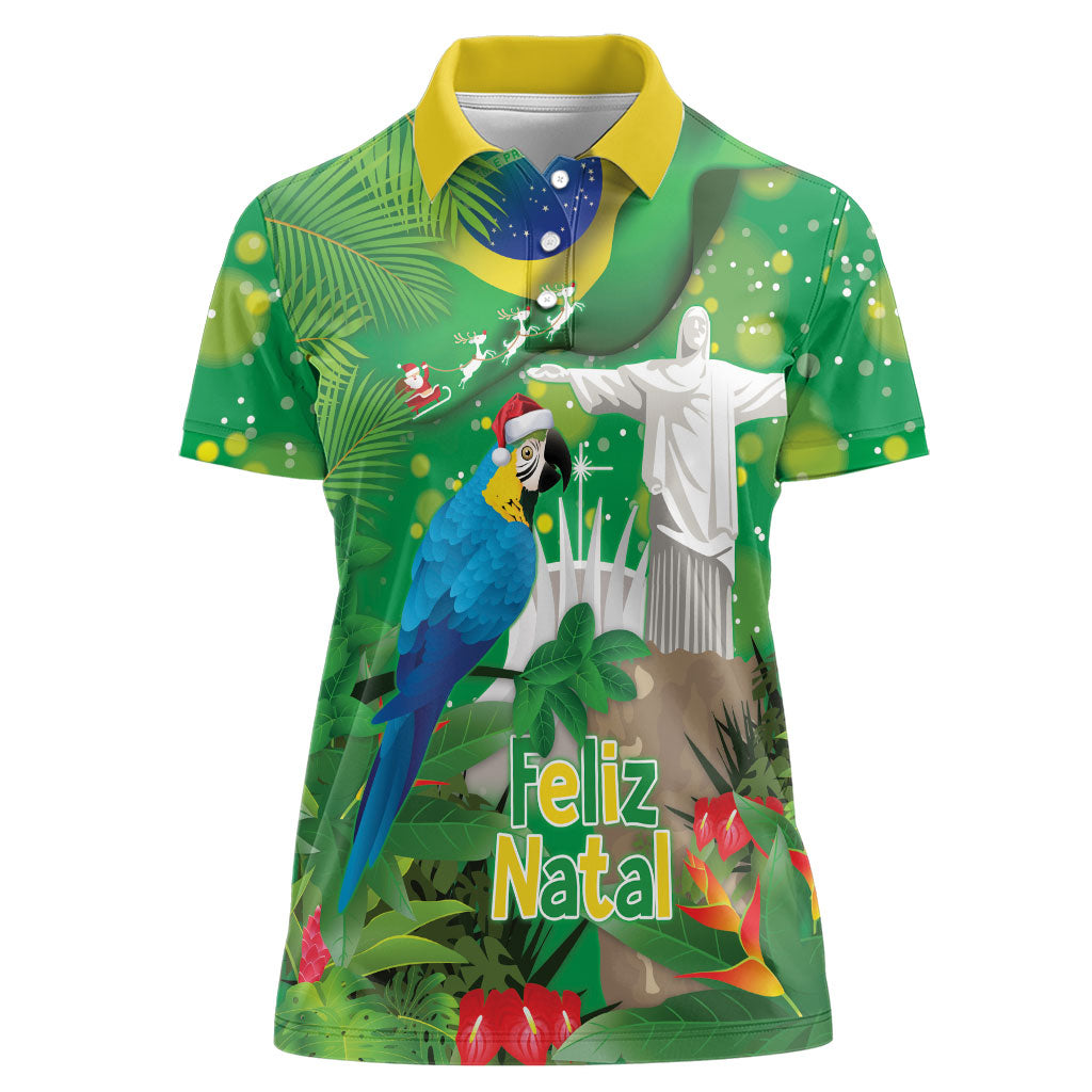 Christmas In July Brazil Women Polo Shirt Feliz Natal Blue Macaw Santa Tropical Vibes