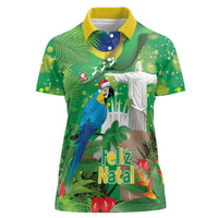 Christmas In July Brazil Women Polo Shirt Feliz Natal Blue Macaw Santa Tropical Vibes