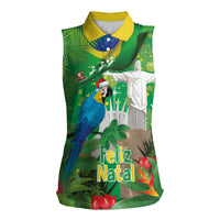 Christmas In July Brazil Women Sleeveless Polo Shirt Feliz Natal Blue Macaw Santa Tropical Vibes