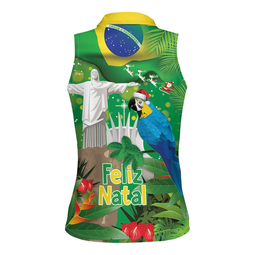 Christmas In July Brazil Women Sleeveless Polo Shirt Feliz Natal Blue Macaw Santa Tropical Vibes