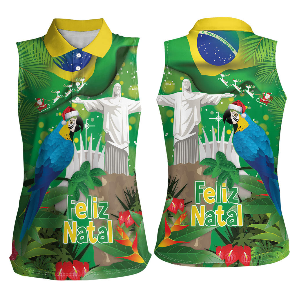 Christmas In July Brazil Women Sleeveless Polo Shirt Feliz Natal Blue Macaw Santa Tropical Vibes