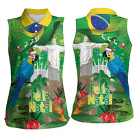 Christmas In July Brazil Women Sleeveless Polo Shirt Feliz Natal Blue Macaw Santa Tropical Vibes