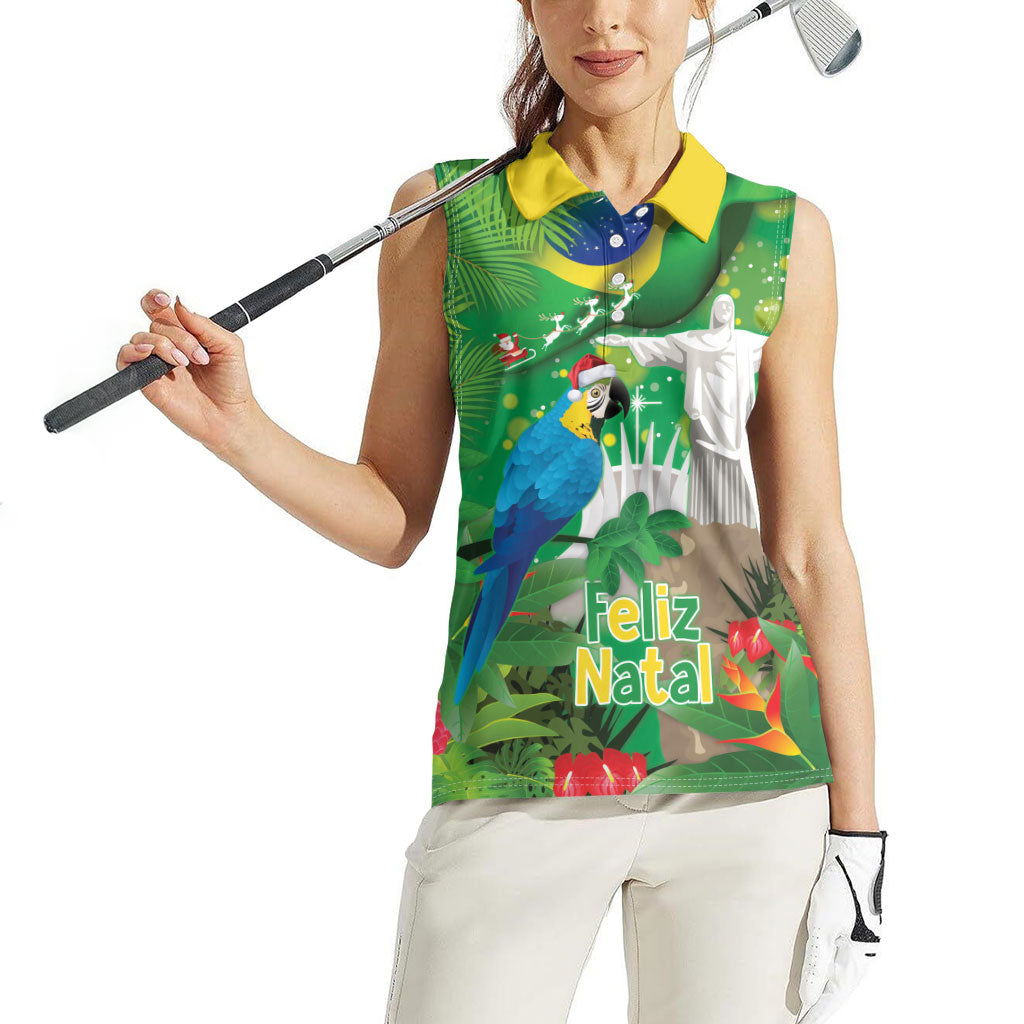 Christmas In July Brazil Women Sleeveless Polo Shirt Feliz Natal Blue Macaw Santa Tropical Vibes