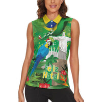 Christmas In July Brazil Women Sleeveless Polo Shirt Feliz Natal Blue Macaw Santa Tropical Vibes