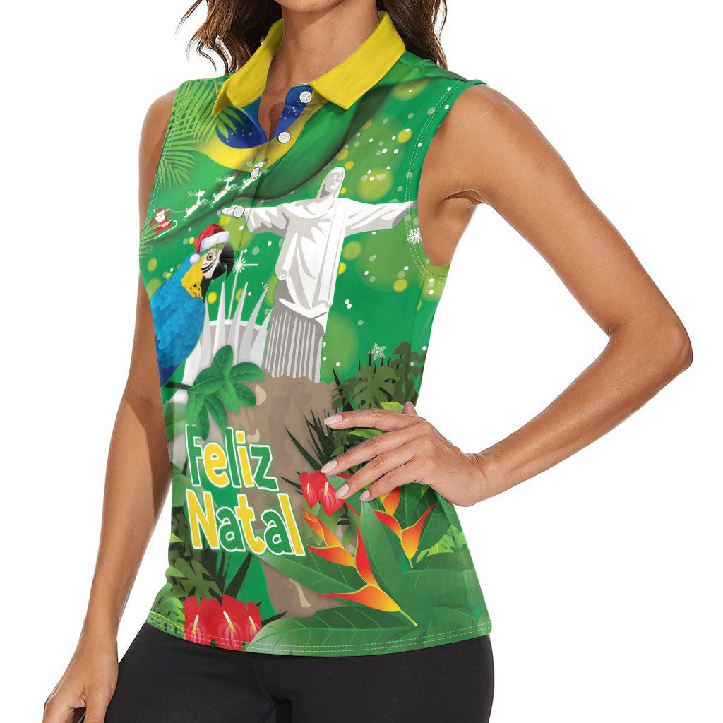 Christmas In July Brazil Women Sleeveless Polo Shirt Feliz Natal Blue Macaw Santa Tropical Vibes