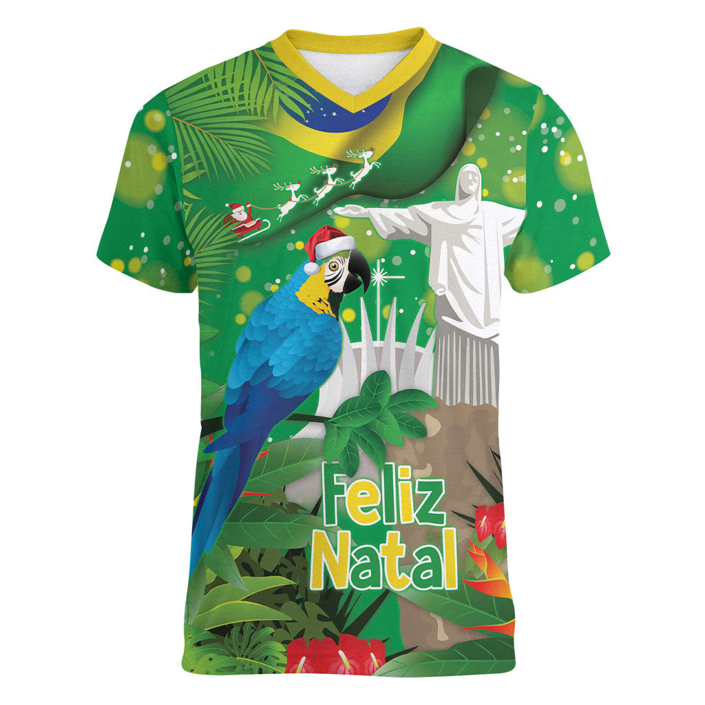 Christmas In July Brazil Women V-Neck T-Shirt Feliz Natal Blue Macaw Santa Tropical Vibes