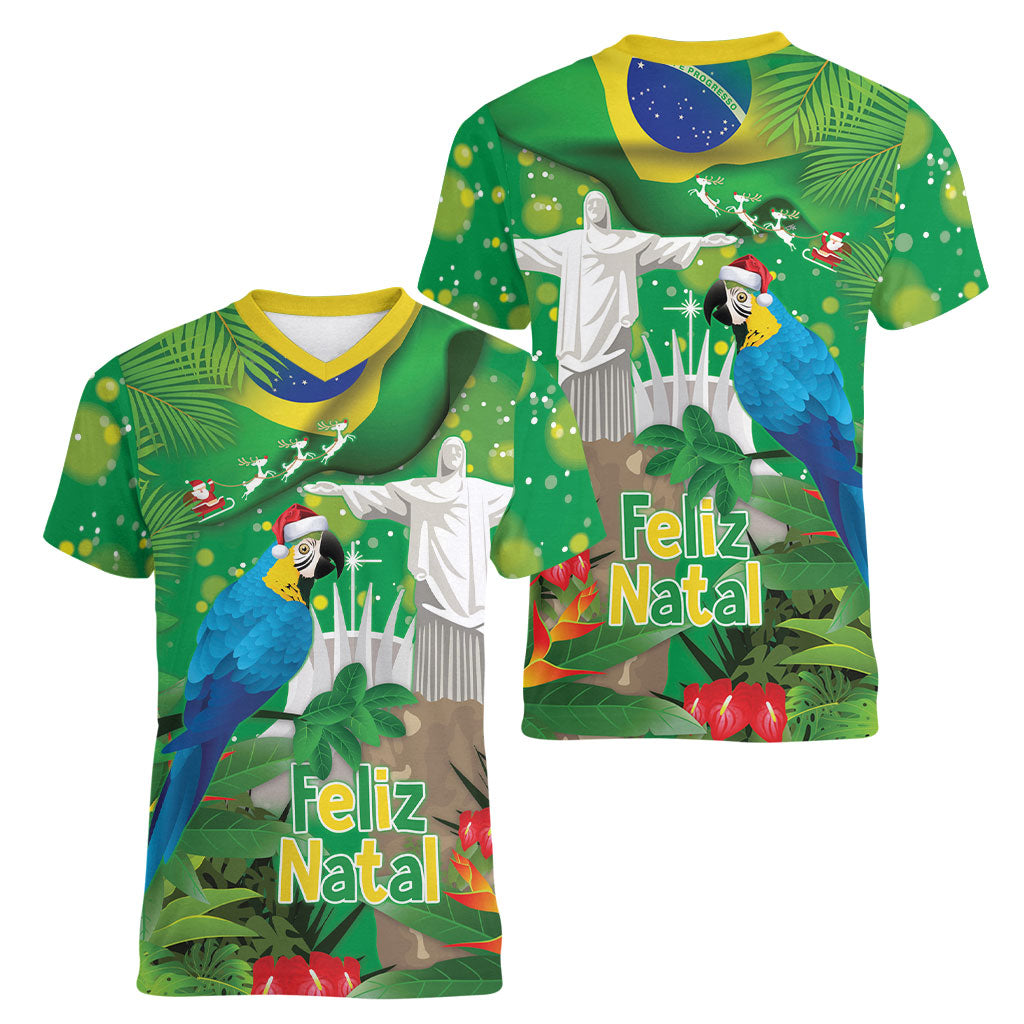 Christmas In July Brazil Women V-Neck T-Shirt Feliz Natal Blue Macaw Santa Tropical Vibes
