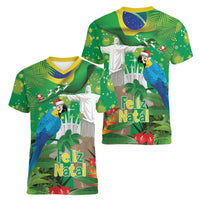Christmas In July Brazil Women V-Neck T-Shirt Feliz Natal Blue Macaw Santa Tropical Vibes
