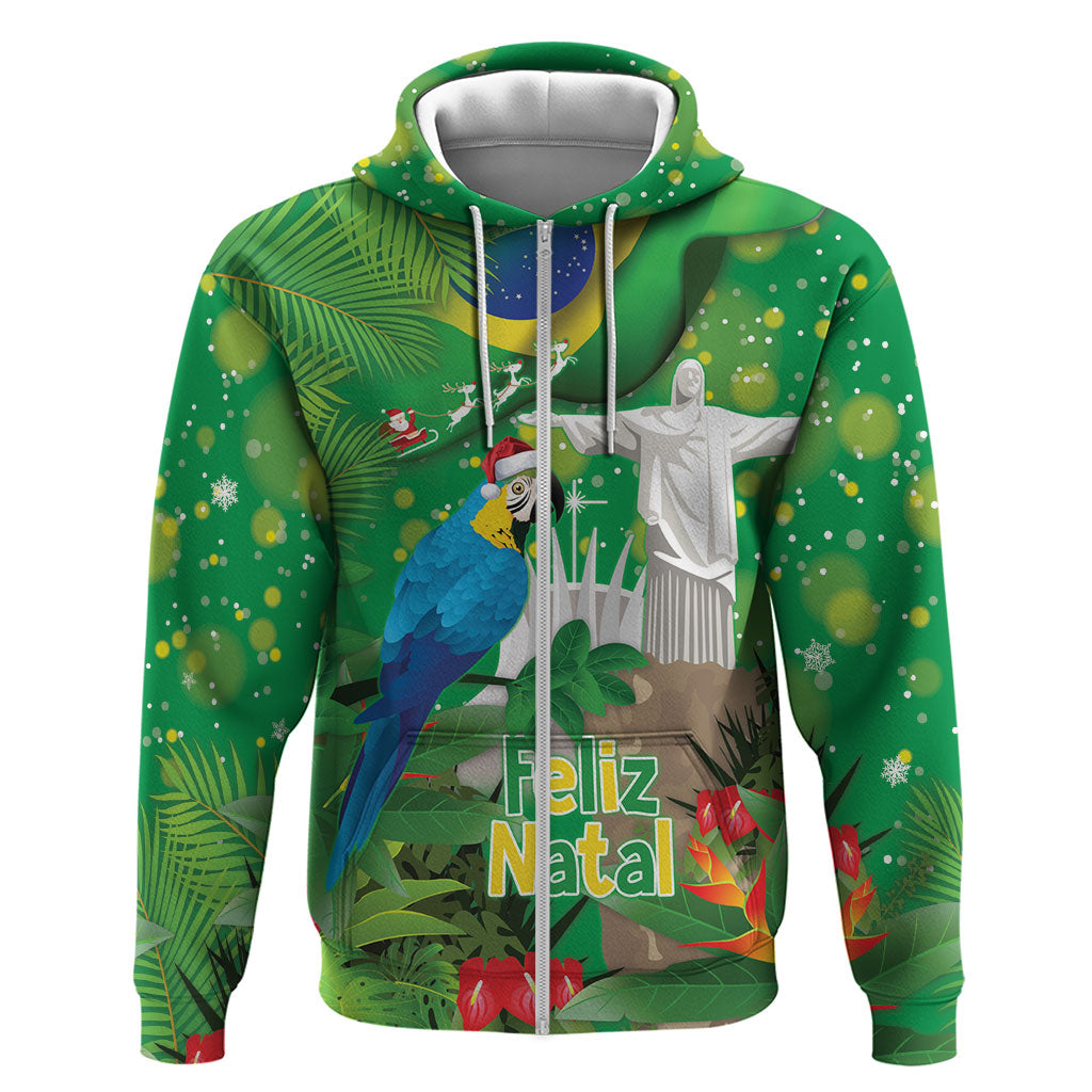 Christmas In July Brazil Zip Hoodie Feliz Natal Blue Macaw Santa Tropical Vibes