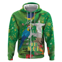 Christmas In July Brazil Zip Hoodie Feliz Natal Blue Macaw Santa Tropical Vibes