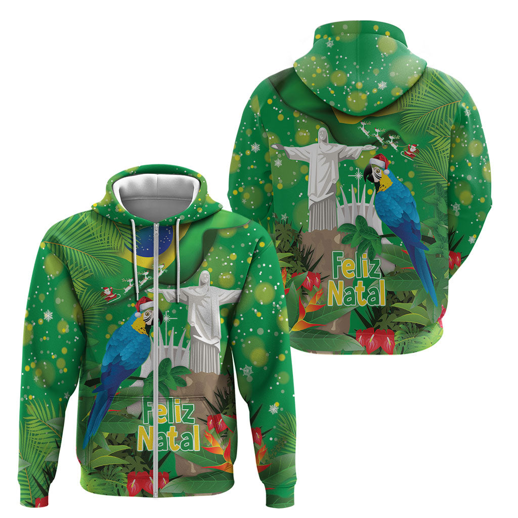 Christmas In July Brazil Zip Hoodie Feliz Natal Blue Macaw Santa Tropical Vibes